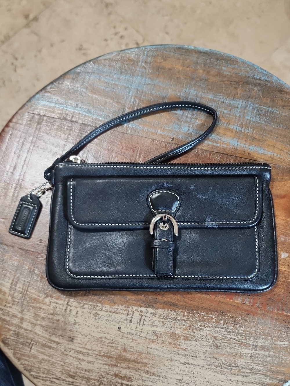 Coach Black Leather Wristlet Clutch with Buckle Accent Vintage